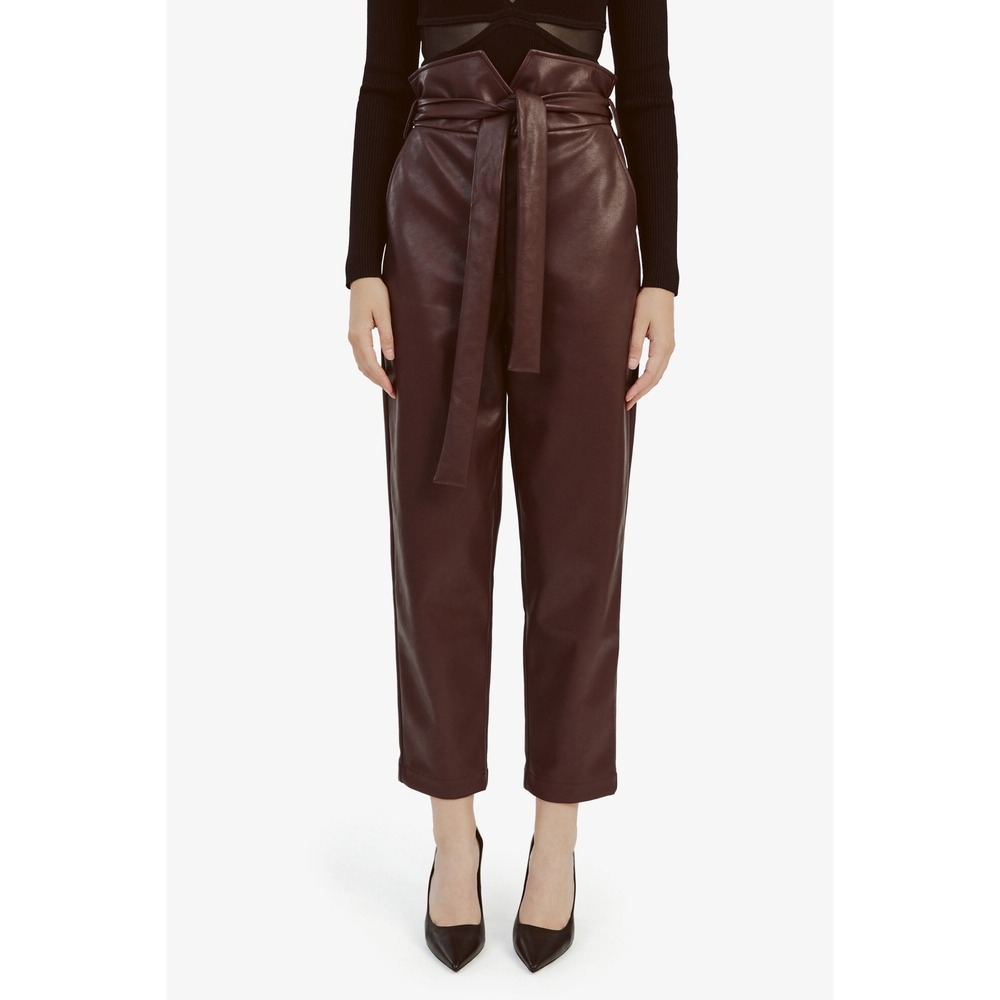Bardot‎ Womens Vegan Leather High Waist Paperbag Pants Brown Straight Leg Size 6